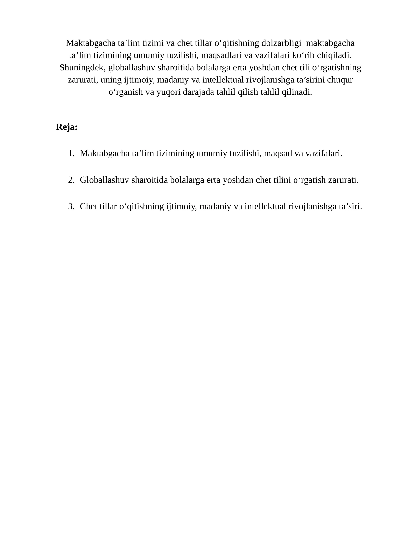 Maktabgacha ta’lim tizimi va chet tillar o‘qitishning dolzarbligi
