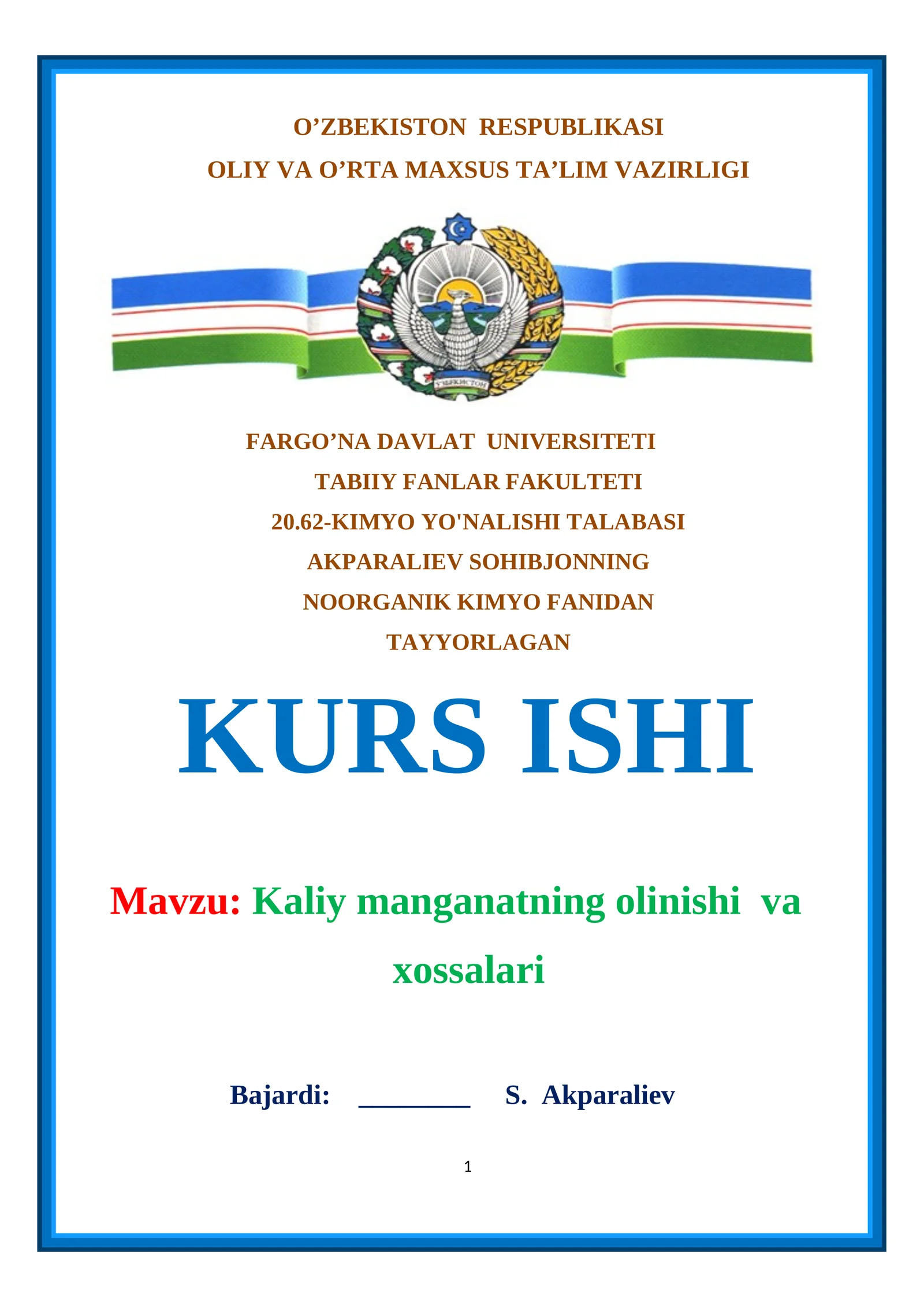 Kaliy manganatning olinishi va xossalari