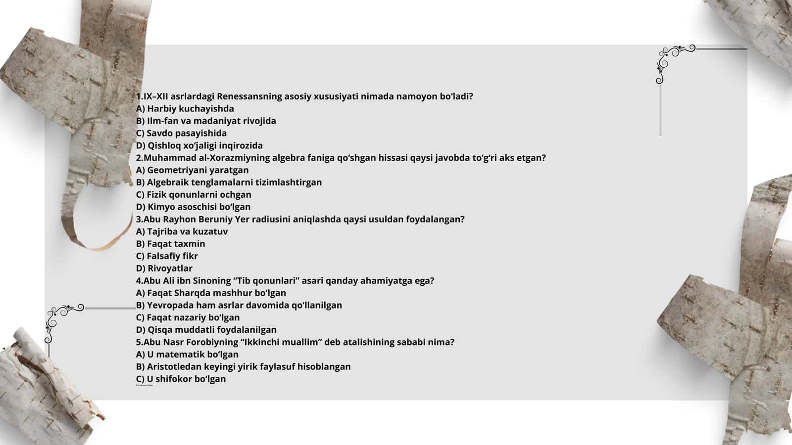 IX–XII asrlardagi Renessansning  test