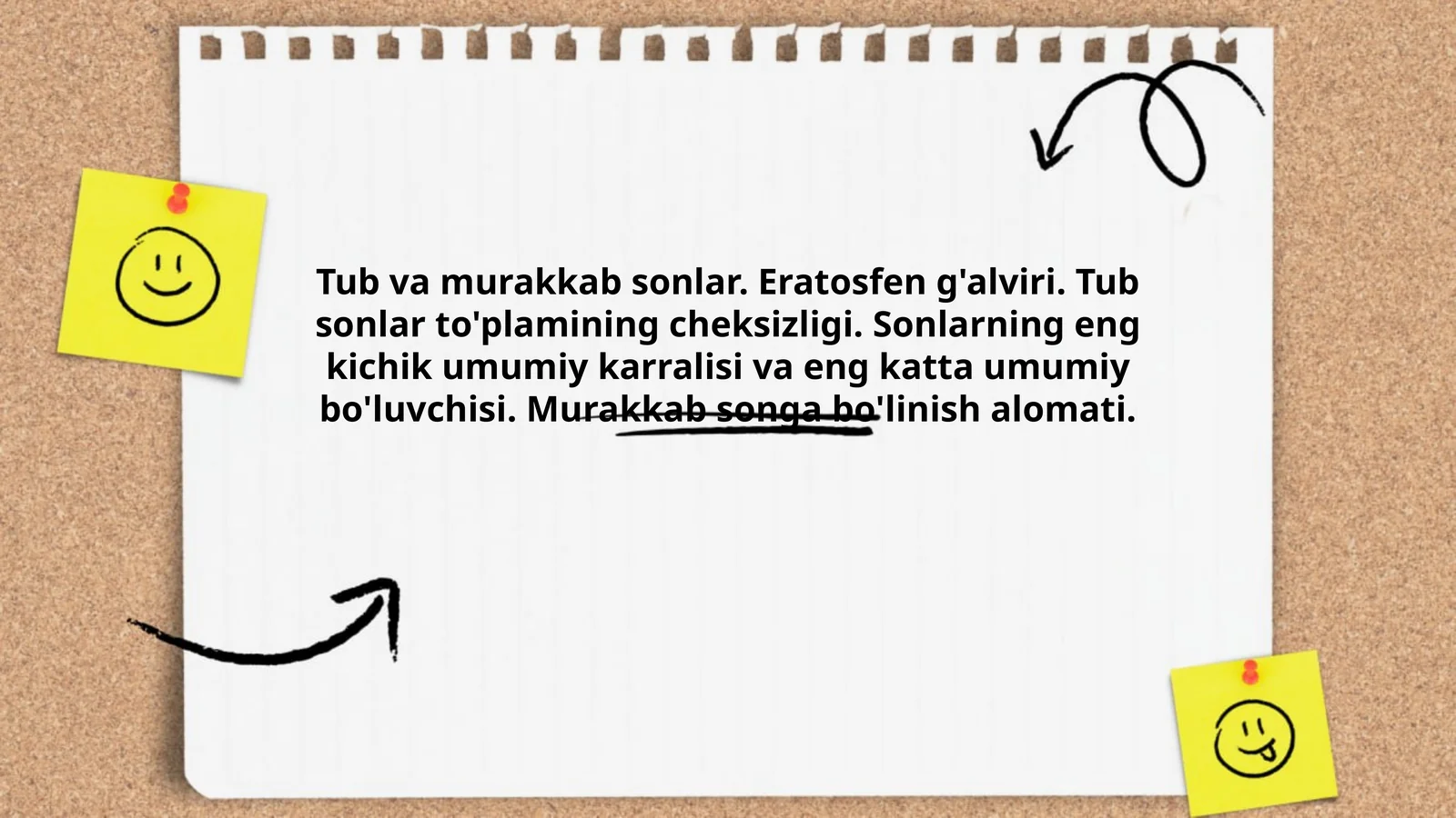 Tub va murakkab sonlar. Eratosfen g'alviri. Tub sonlar to'plamining cheksizligi. Sonlarning eng kichik umumiy karralisi va eng katta umumiy bo'luvchisi. Murakkab songa bo'linish alomati