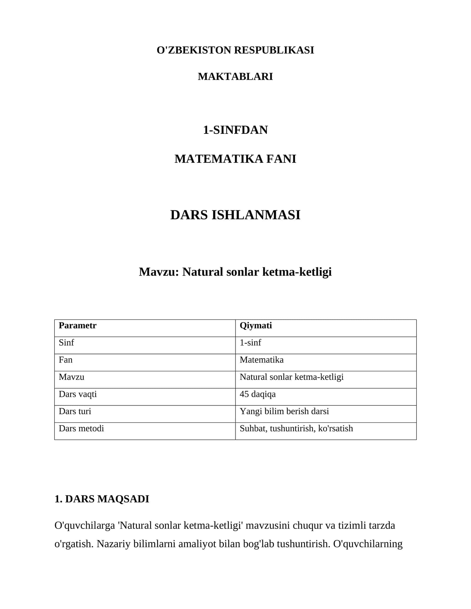 Natural sonlar ketma-ketligi Dars Ishlanmasi