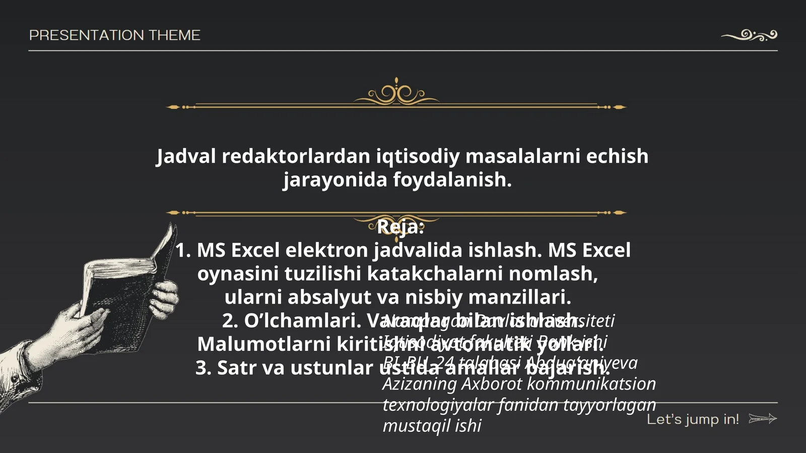 MS Excel elektron jadvalida ishlash