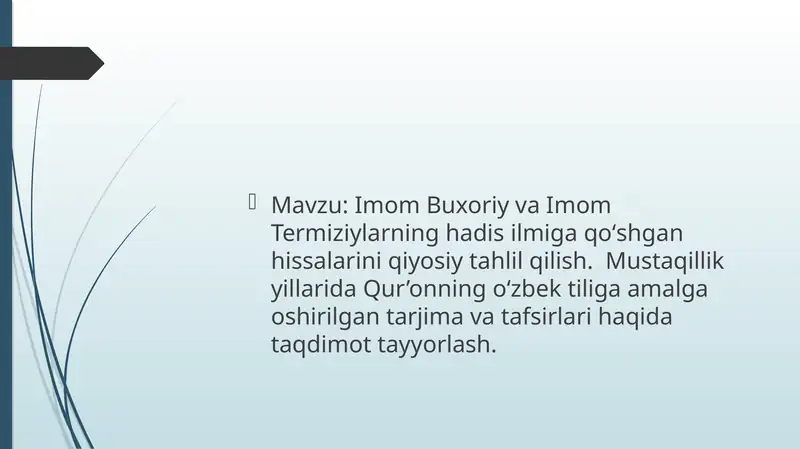 Imom Buxoriy va Imom Termiziylarning hadis ilmiga qoʻshgan hissalarini qiyosiy tahlil qilish