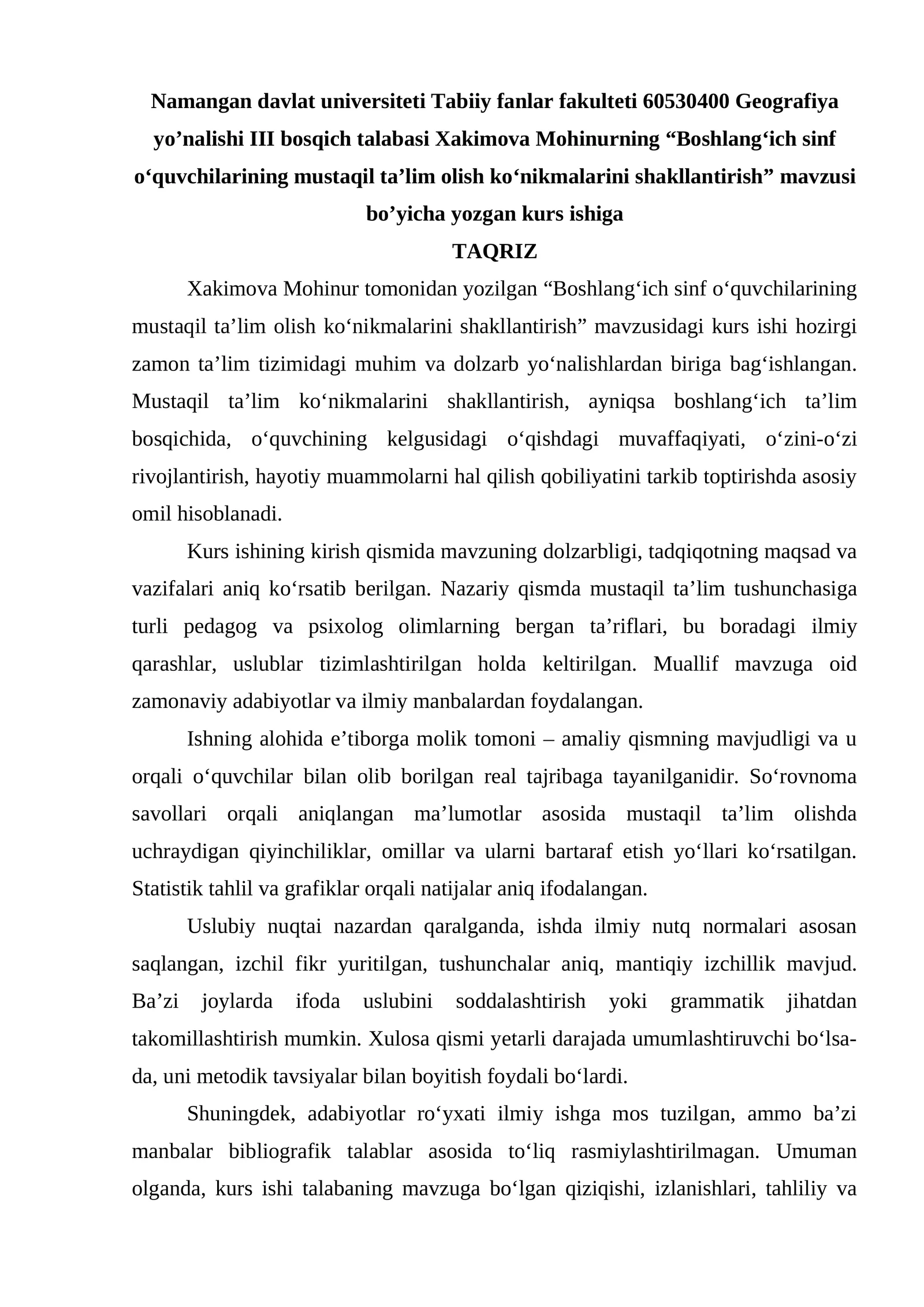 Boshlang‘ich sinf o‘quvchilarining mustaqil ta’lim olish ko‘nikmalarini shakllantirish