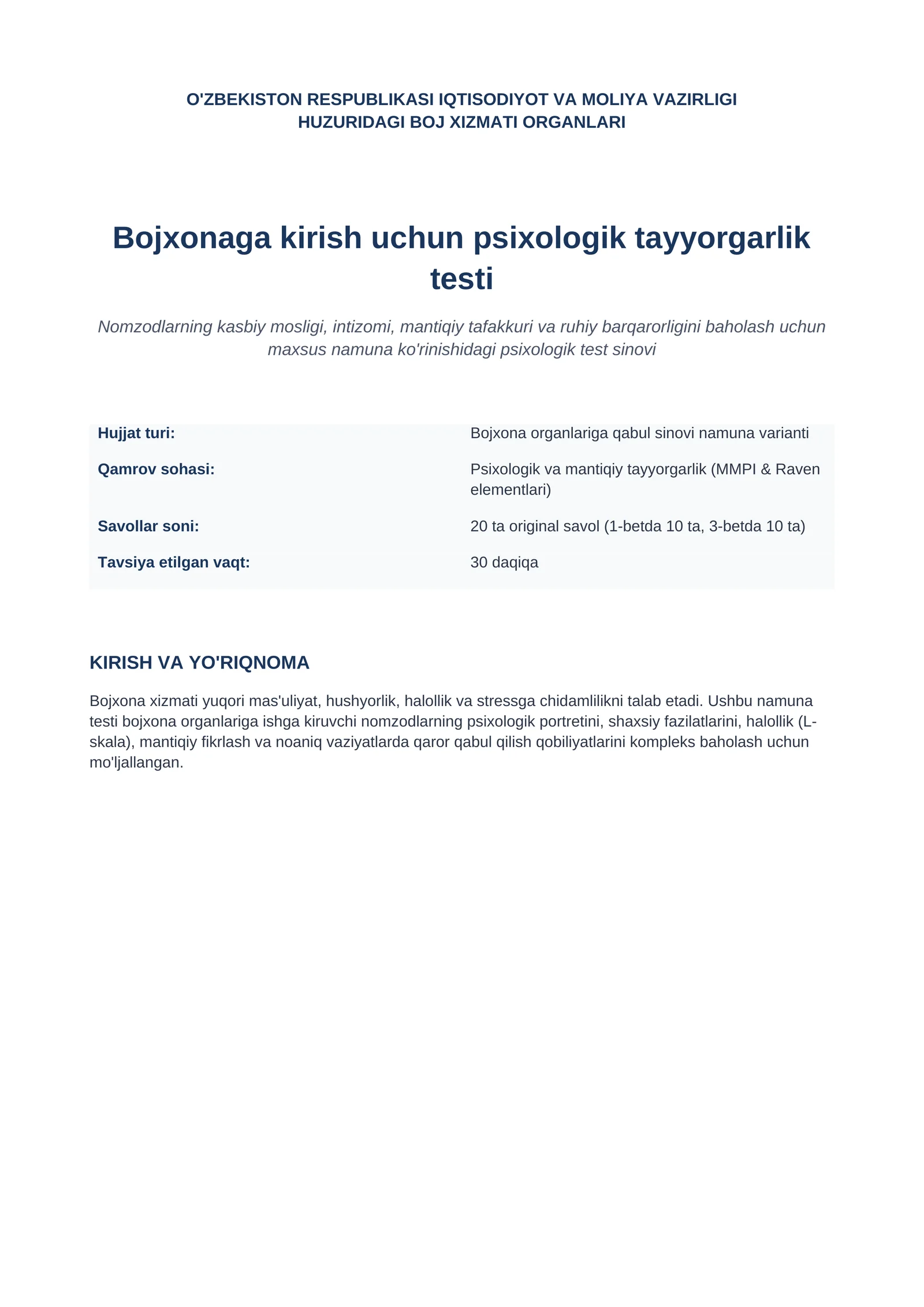 Bojxonaga Psixologik tayyorgarlik testi 2026