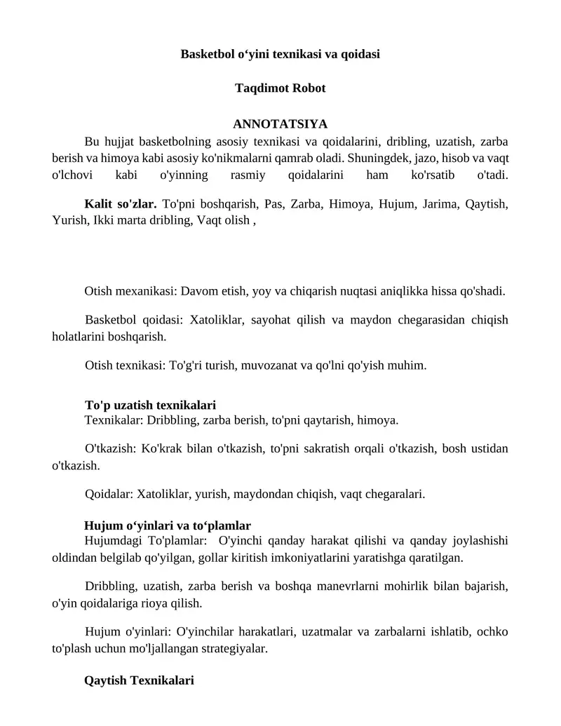 Basketbol oʻyini texnikasi va qoidasi