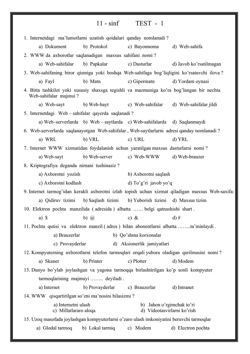 11-Sinf uchun 5 ta varyantli , 15 talik savollar