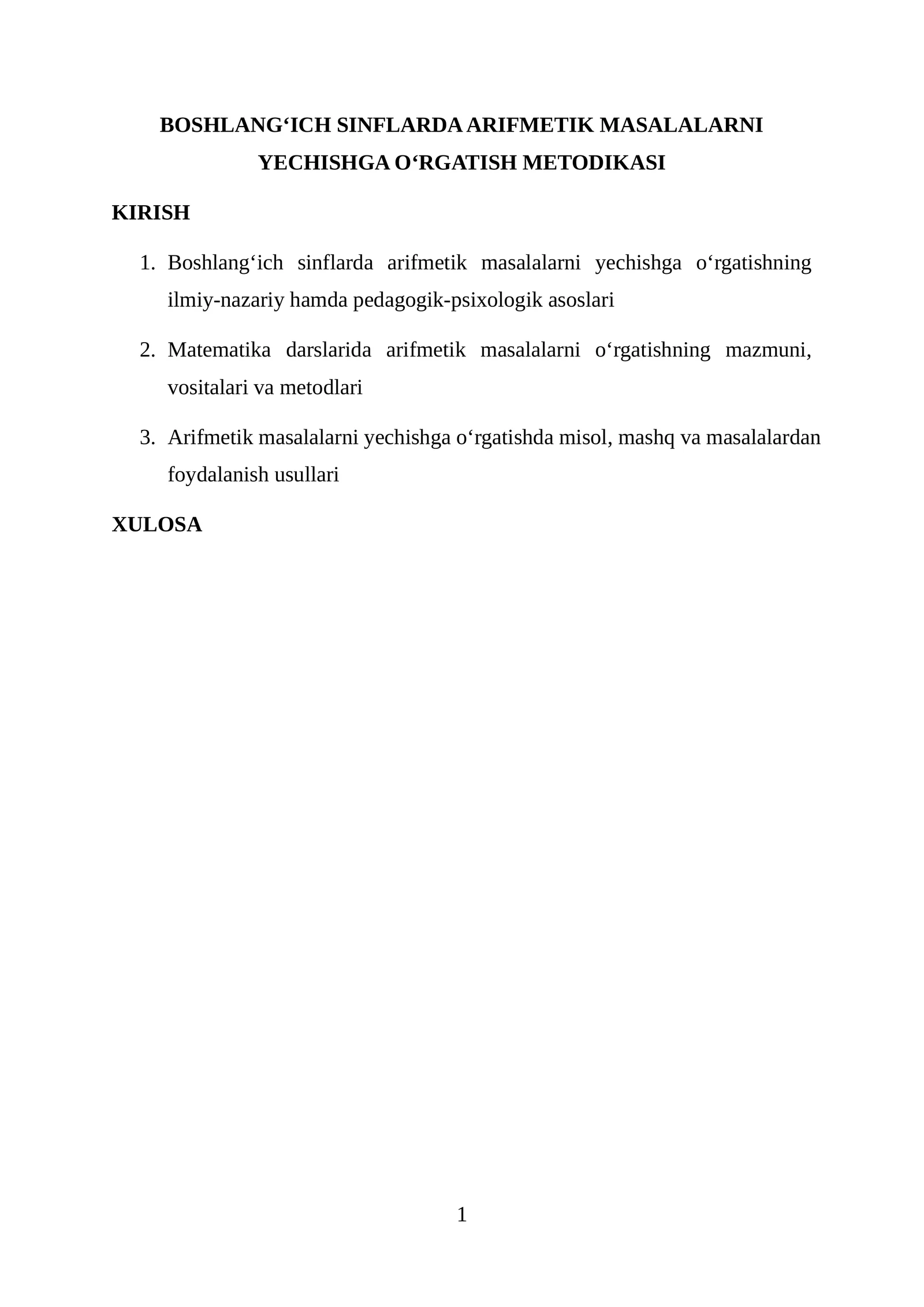 BOSHLANG‘ICH SINFLARDA ARIFMETIK MASALALARNI YECHISHGA O‘RGATISH METODIKASI