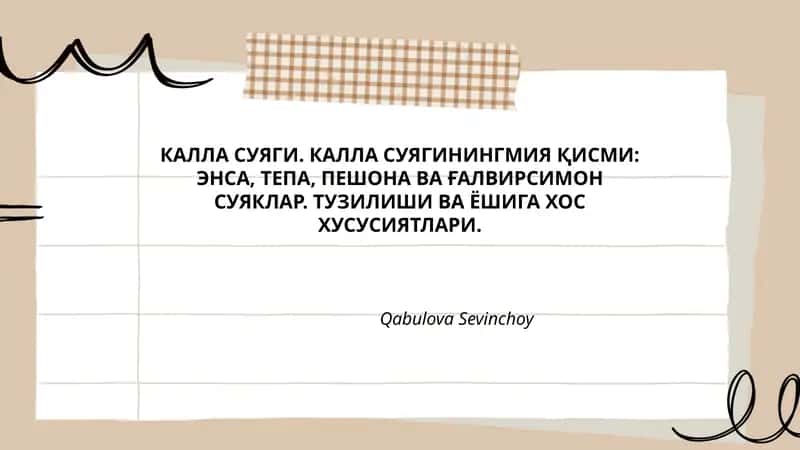 КАЛЛА СУЯГИ. КАЛЛА СУЯГИНИНГМИЯ ҚИСМИ: ЭНСА, ТЕПА, ПЕШОНА ВА ҒАЛВИРСИМОН СУЯКЛАР. ТУЗИЛИШИ ВА ЁШИГА ХОС ХУСУСИЯТЛАРИ.
