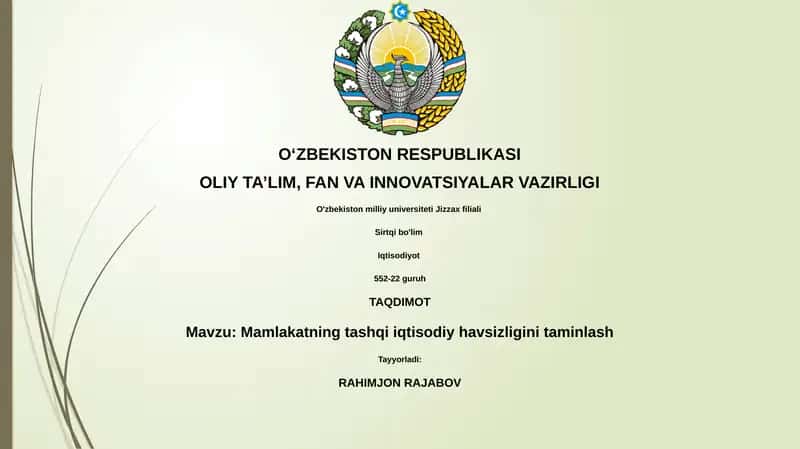 Mamlakatning tashqi iqtisodiy havsizligini taminlash