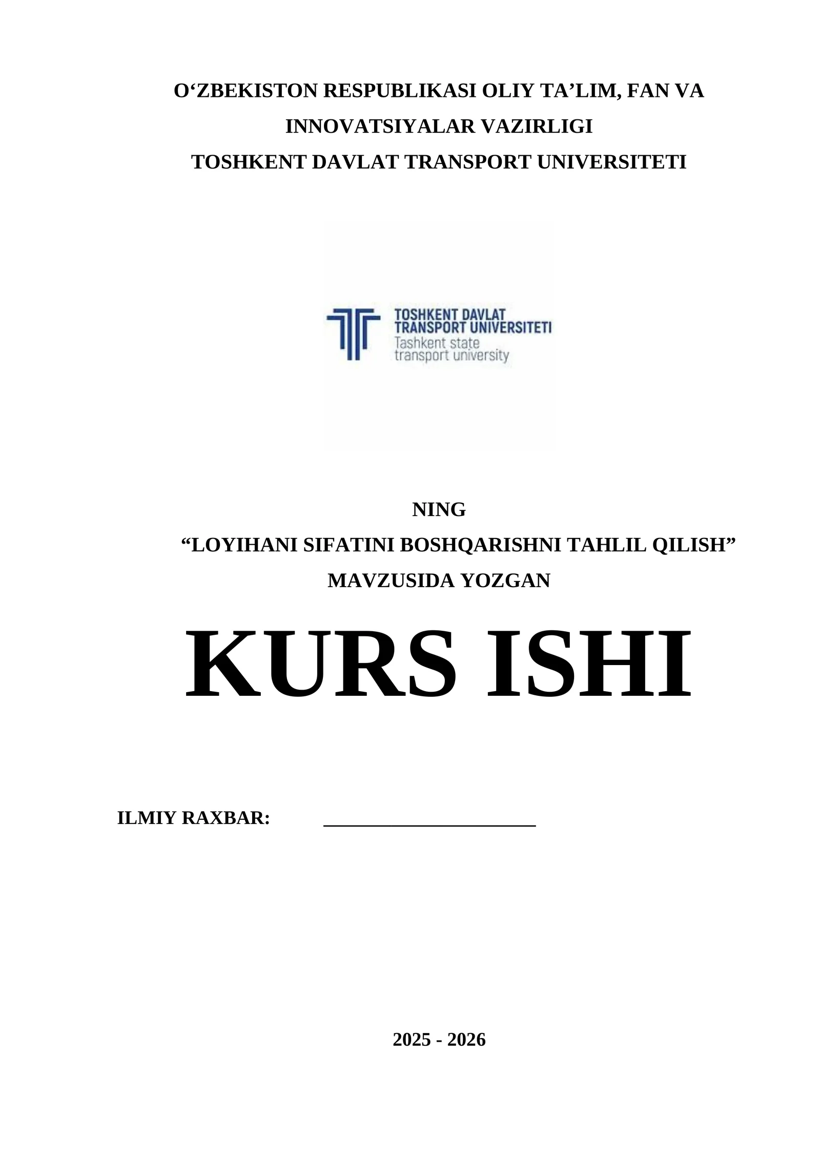 LOYIHANI SIFATINI BOSHQARISHNI TAHLIL QILISH