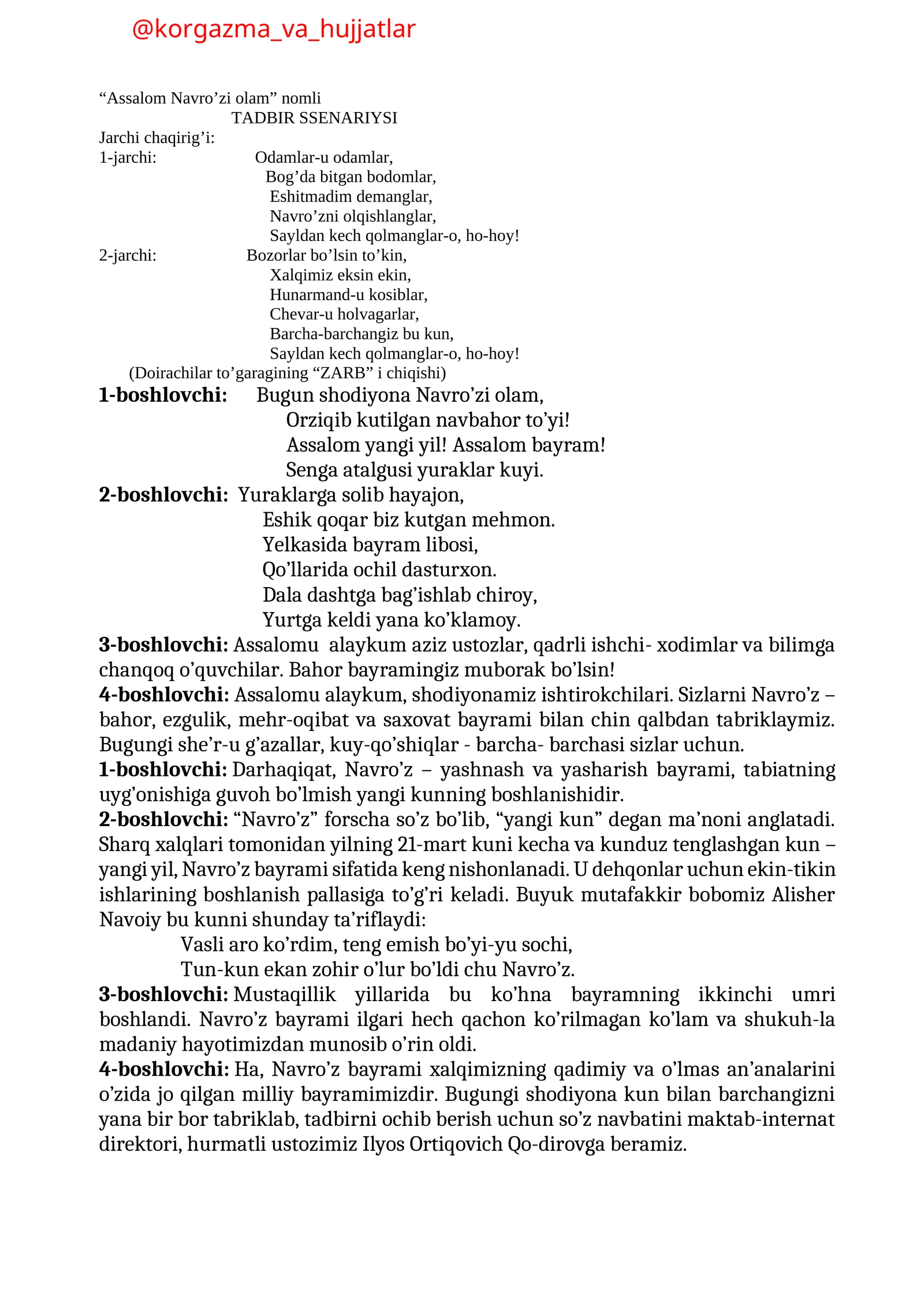 Assalom Navro’zi olam TADBIR SSENARIYSI