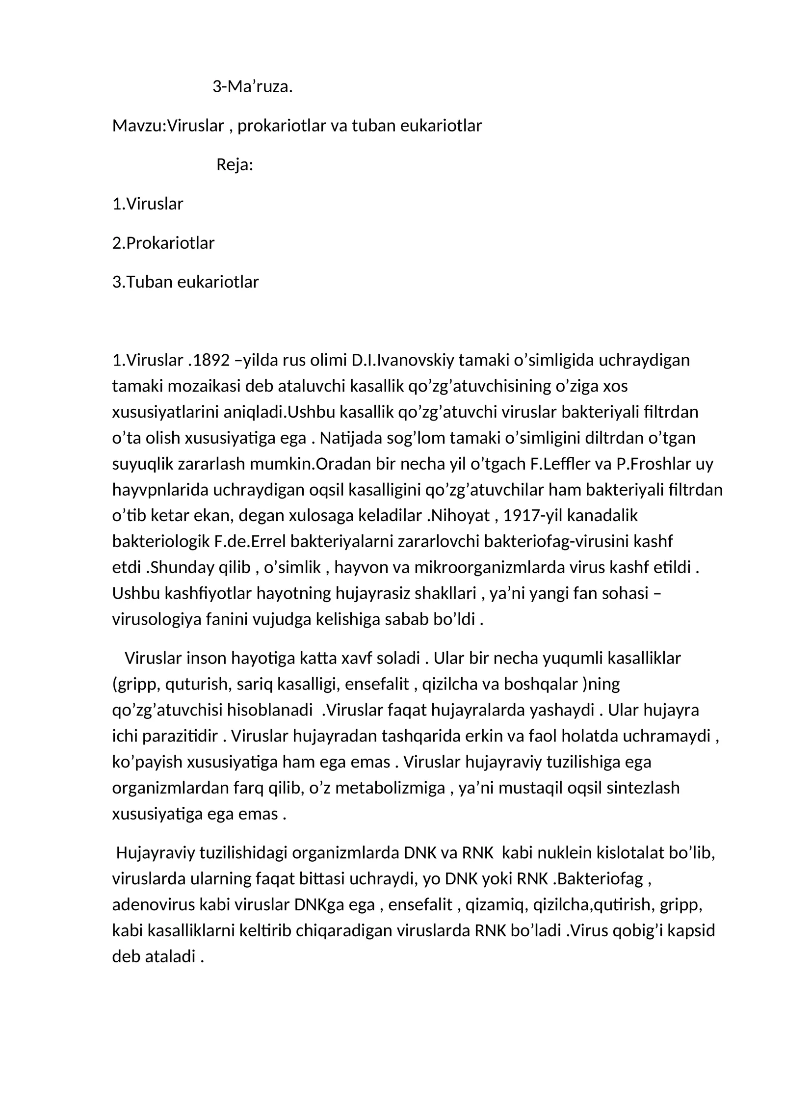 Viruslar, prokariotlar va tuban eukariotlar
