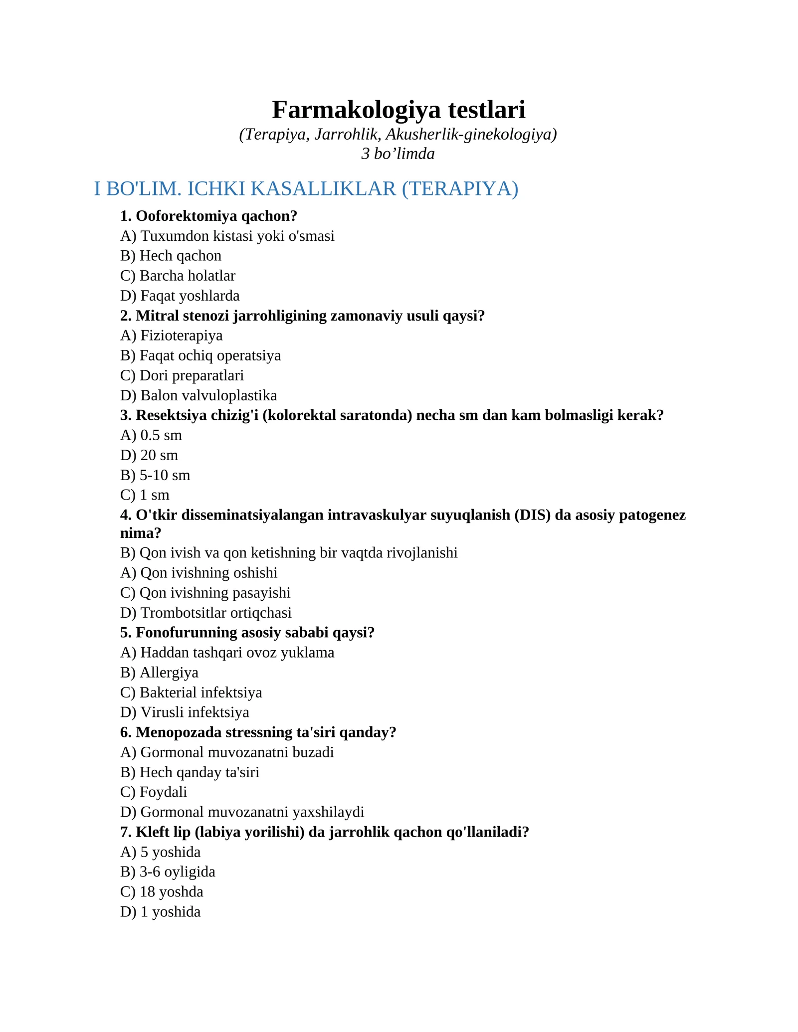 Farmakologiya testlari
