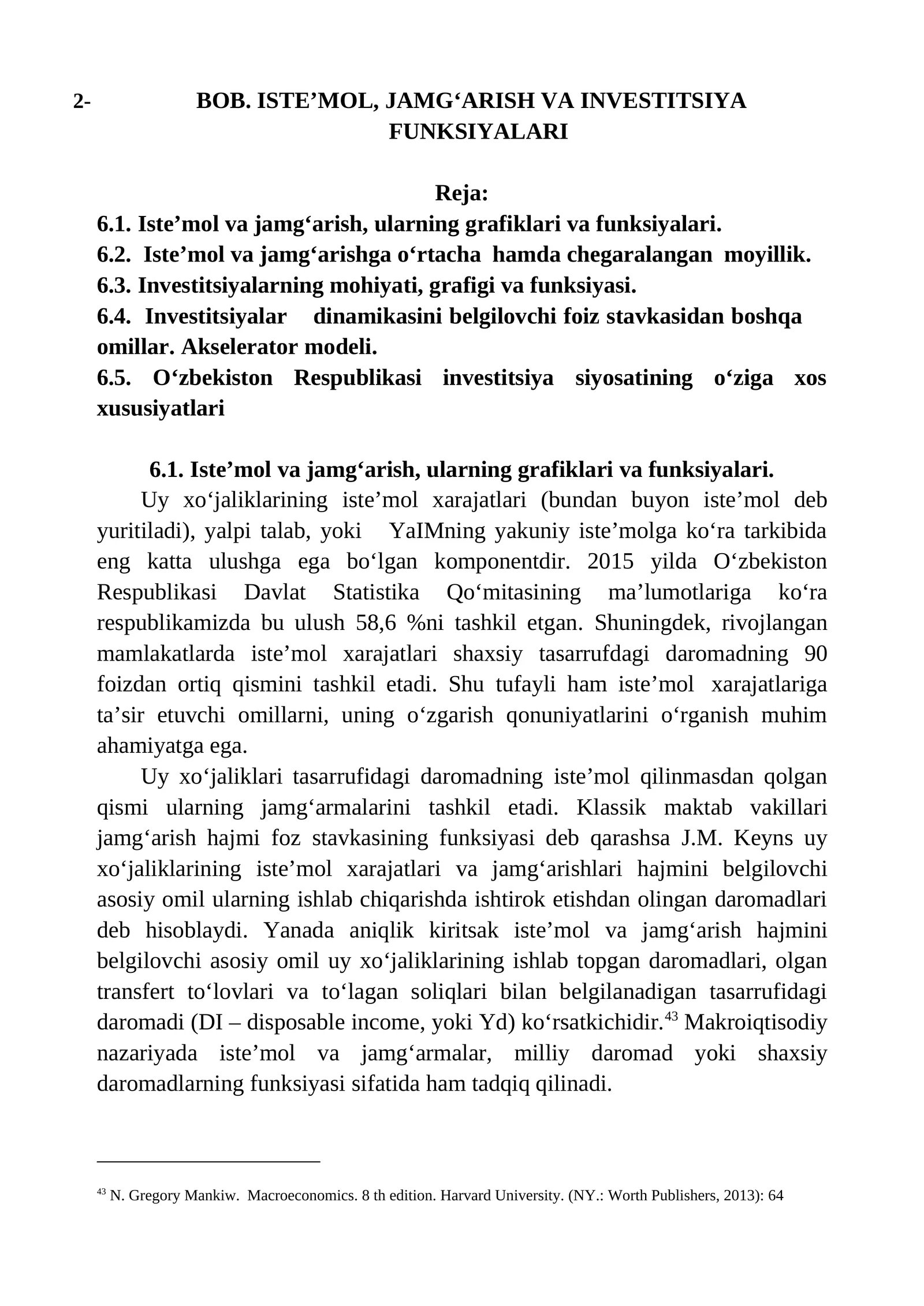 Bob. Iste’mol, Jamg‘arish va Investitsiya Funksiyalari