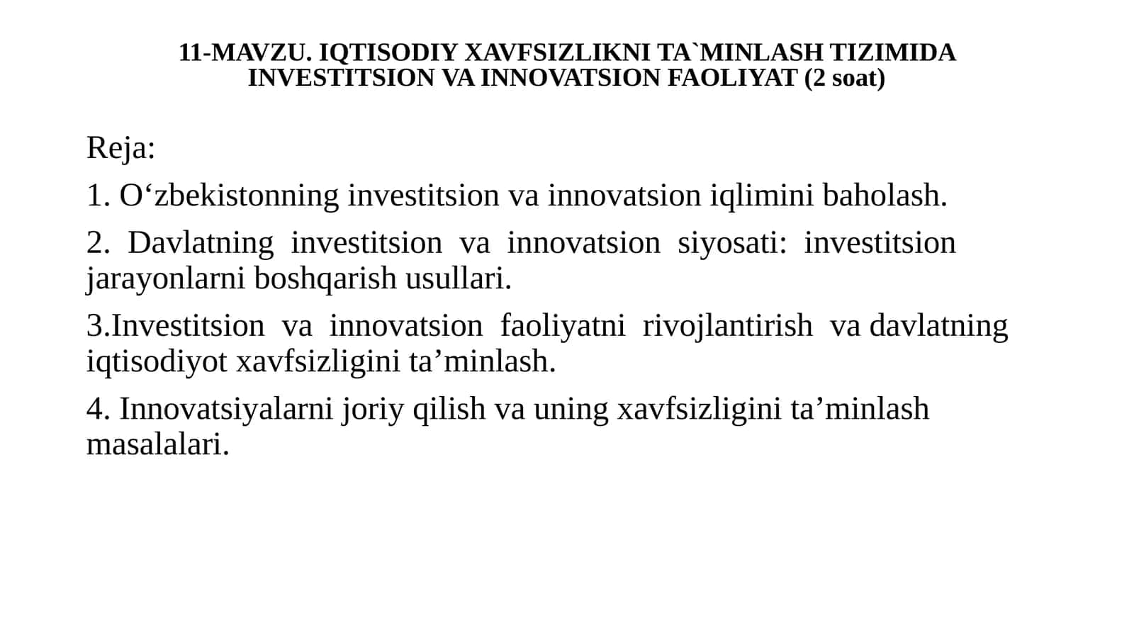 IQTISODIY XAVFSIZLIKNI TA`MINLASH TIZIMIDA INVESTITSION VA INNOVATSION FAOLIYAT
