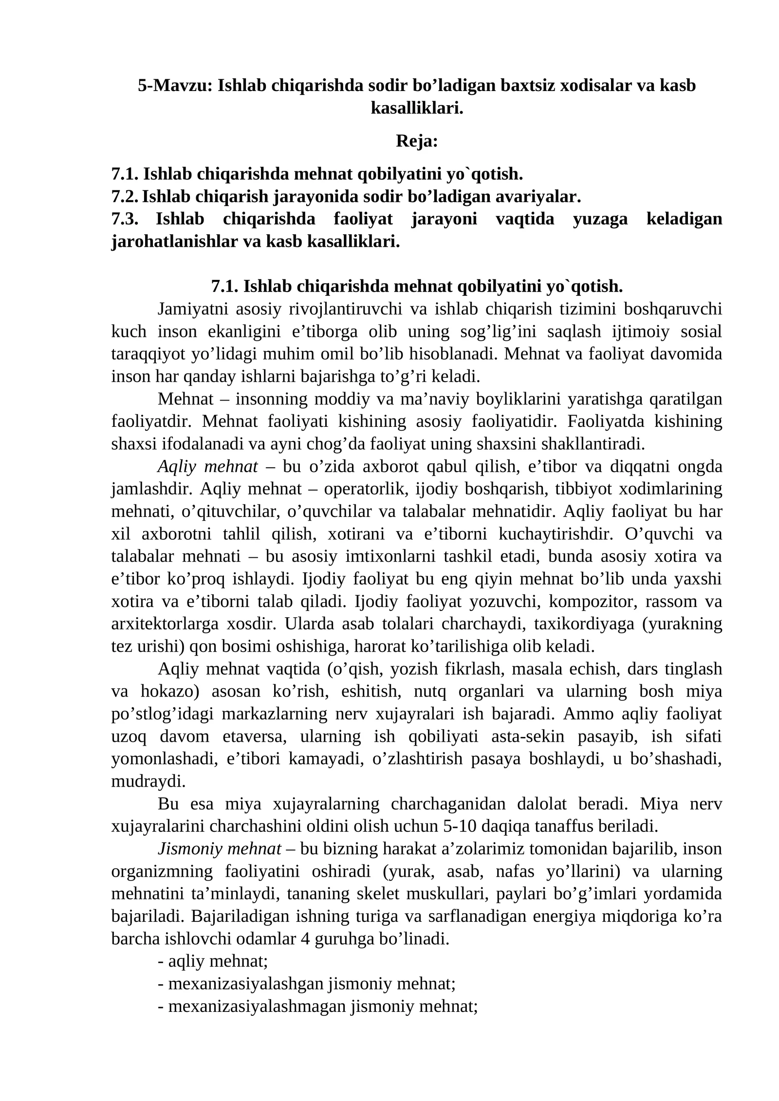 Ishlab chiqarishda sodir bo’ladigan baxtsiz xodisalar va kasb kasalliklari