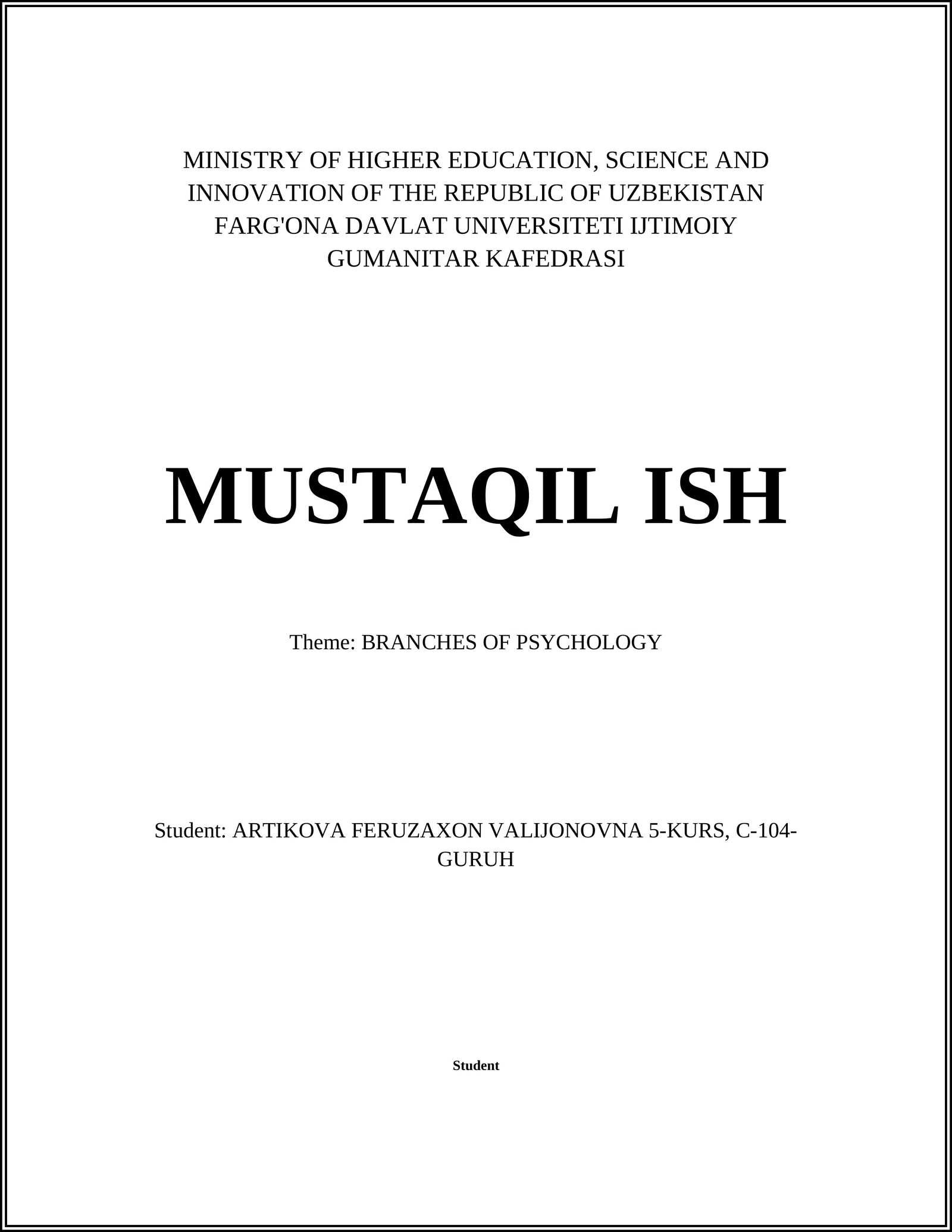 MUSTAQIL ISH: BRANCHES OF PSYCHOLOGY