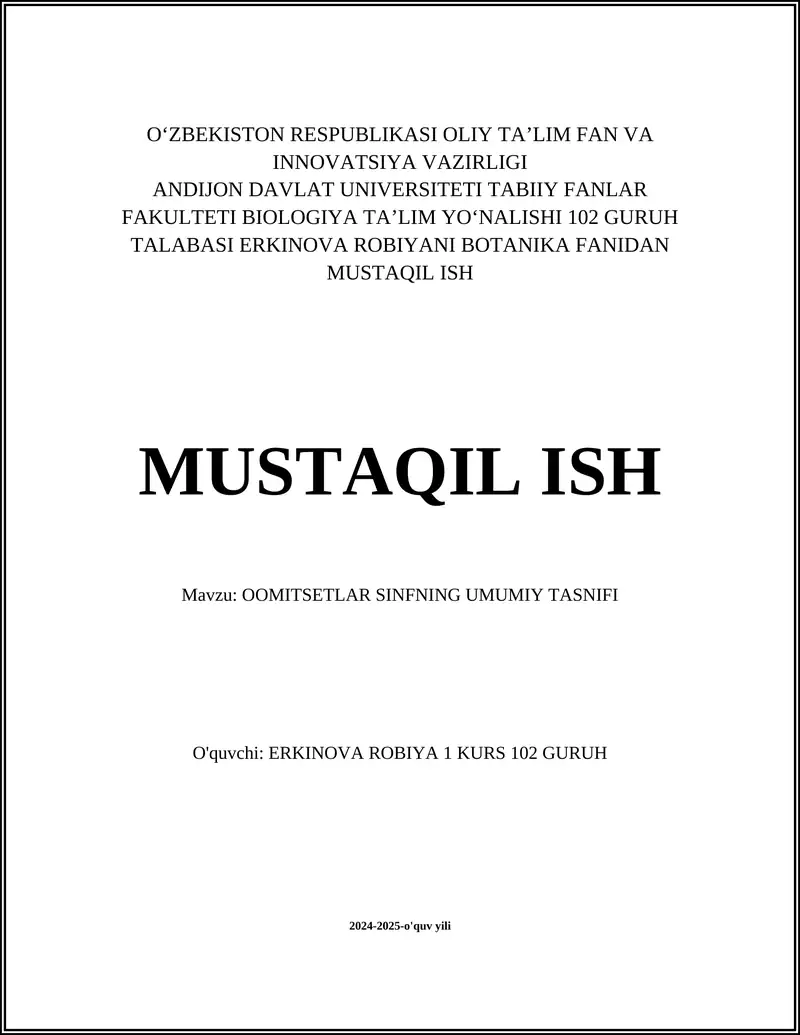 OOMITSETLAR SINFNING UMUMIY TASNIFI