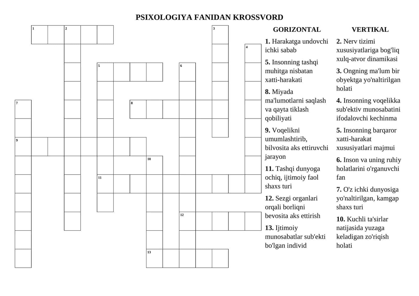 PSIXOLOGIYA FANIDAN KROSSVORD