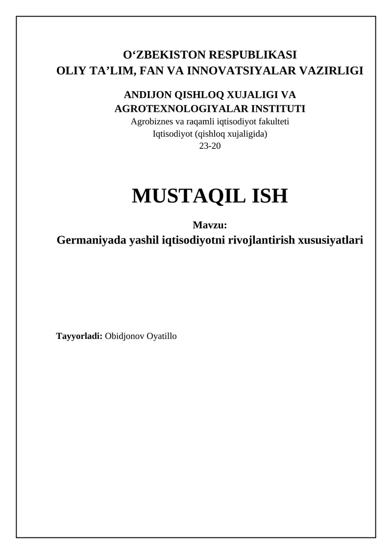 Germaniyada yashil iqtisodiyotni rivojlantirish xususiyatlari