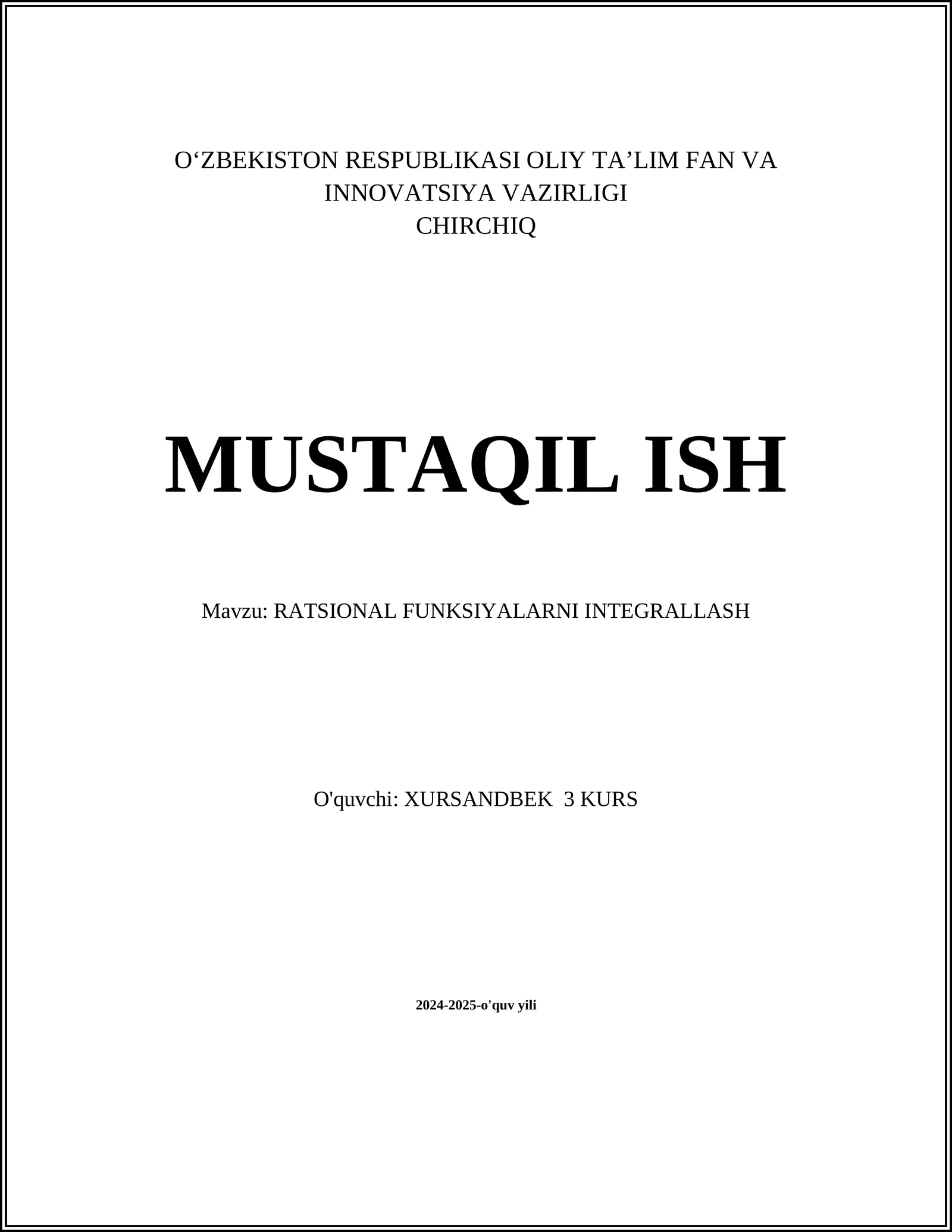 RATSIONAL FUNKSIYALARNI INTEGRALLASH