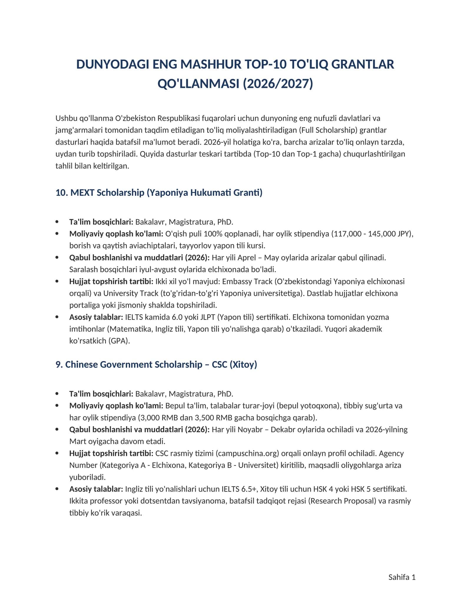 2026-yilda O‘zbekistondan turib yutsa bo‘ladigan TOP-10 To‘liq Grant!