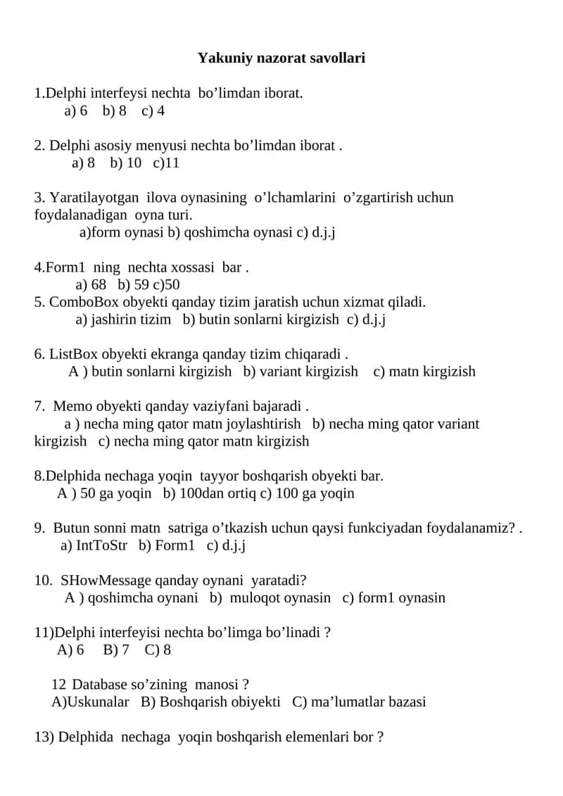Yakuniy nazorat savollari