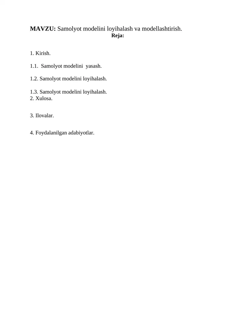Samolyot modelini loyihalash va modellashtirish