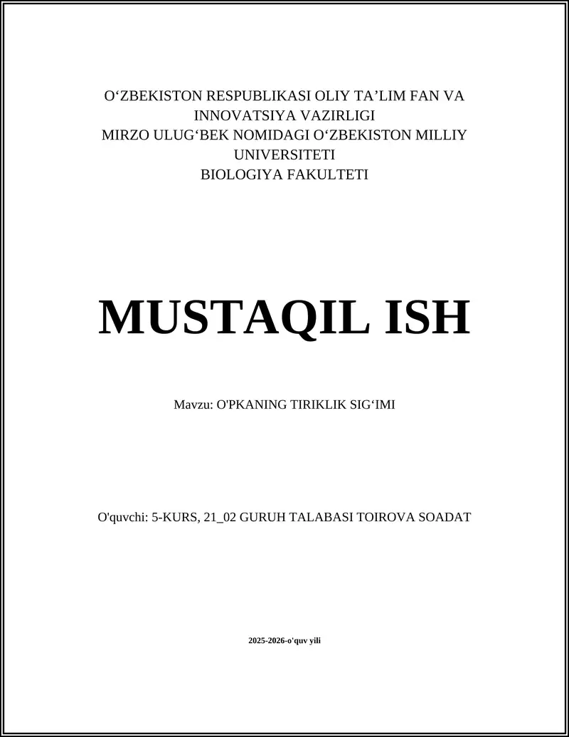 O'PKANING TIRIKLIK SIGʻIMI