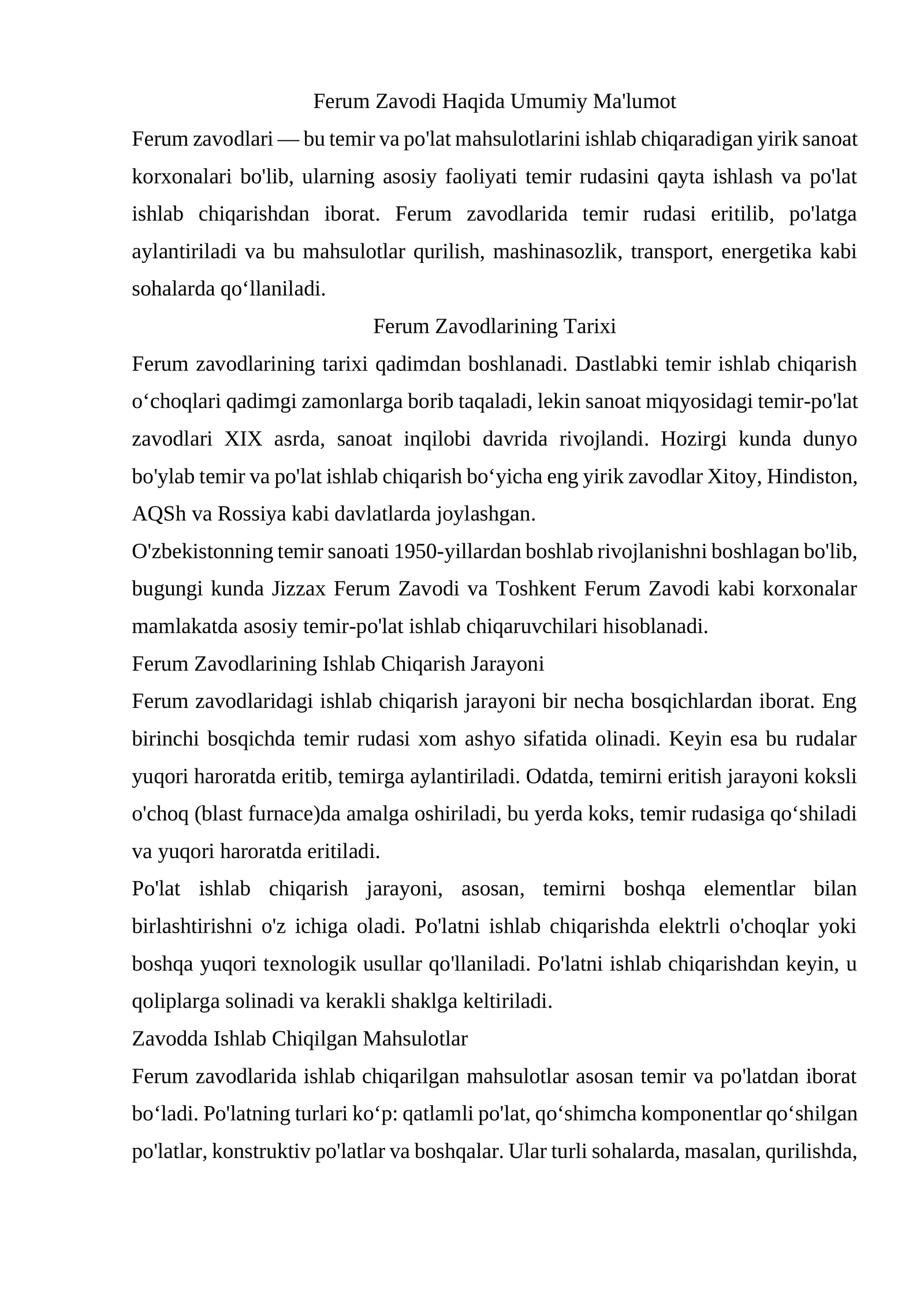 Ferum Zavodlari Haqida Umumiy Ma'lumot