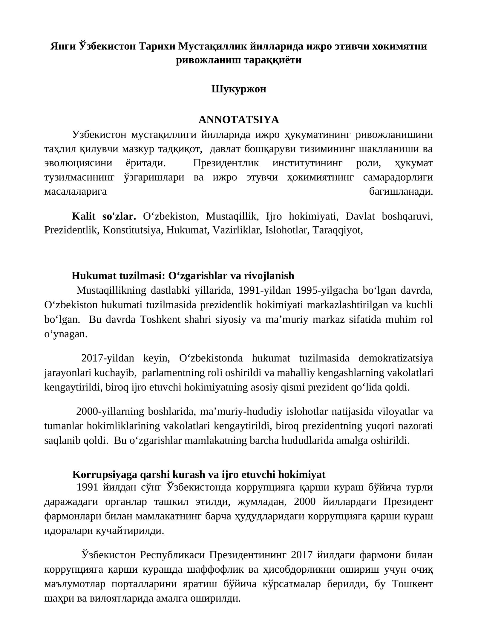 Янги Ўзбекистон Тарихи Мустақиллик йилларида ижро этивчи хокимятни ривожланиш тараққиёти