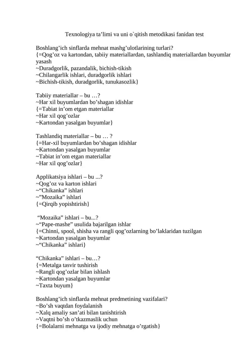 Texnologiya ta’limi va uni o`qitish metodikasi fanidan test