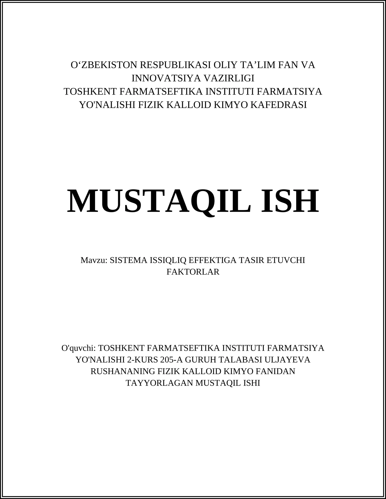 SISTEMA ISSIQLIQ EFFEKTIGA TASIR ETUVCHI FAKTORLAR