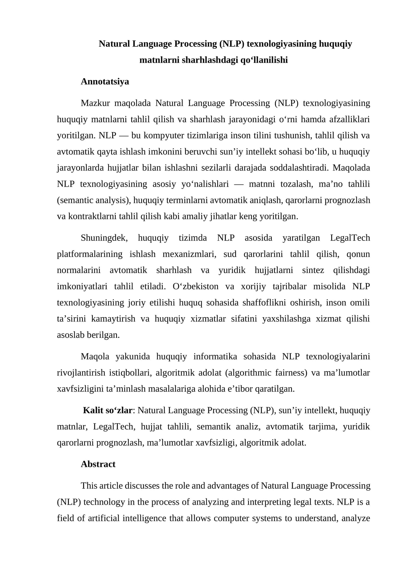Natural Language Processing (NLP) texnologiyasining huquqiy matnlarni sharhlashdagi qo‘llanilishi