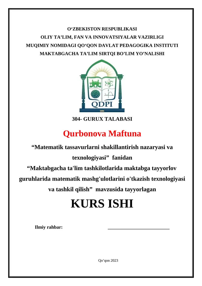 Maktabgacha ta'lim tashkilotlarida maktabga tayyorlov guruhlarida matematik mashg'ulotlarini o'tkazish texnologiyasi va tashkil qilish