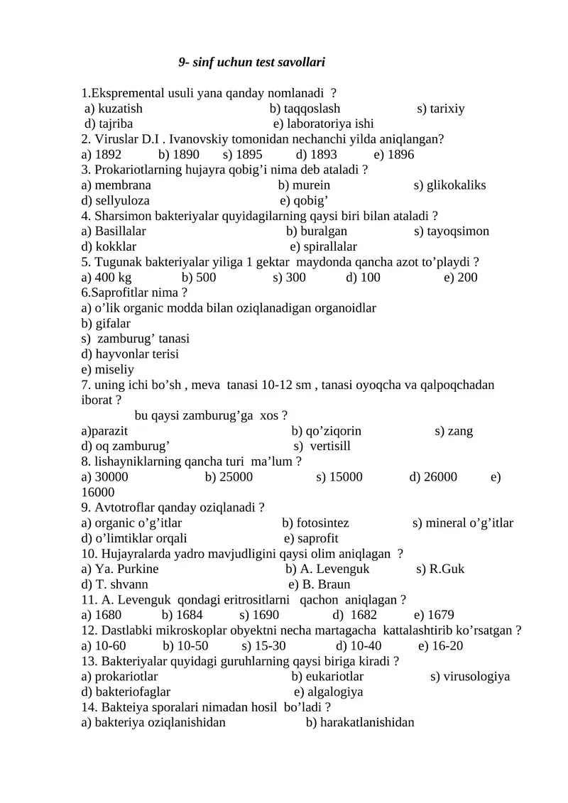 9- sinf uchun test savollari