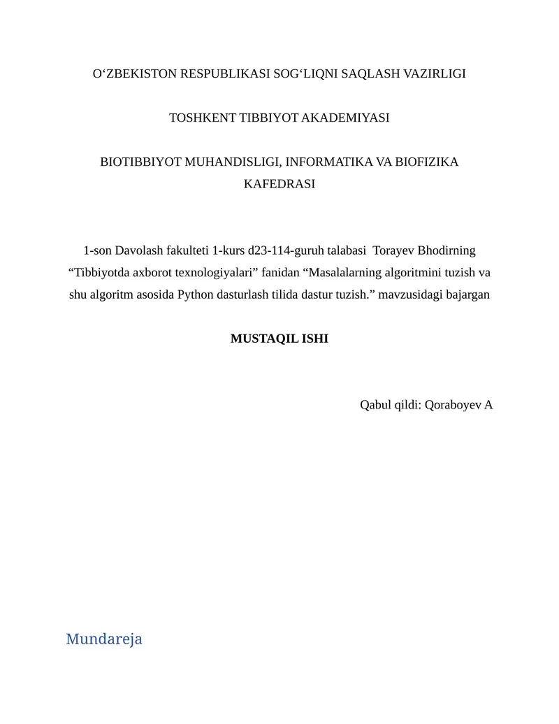 "Masalalarning algoritmini tuzish va shu algoritm asosida Python dasturlash tilida dastur tuzish."
