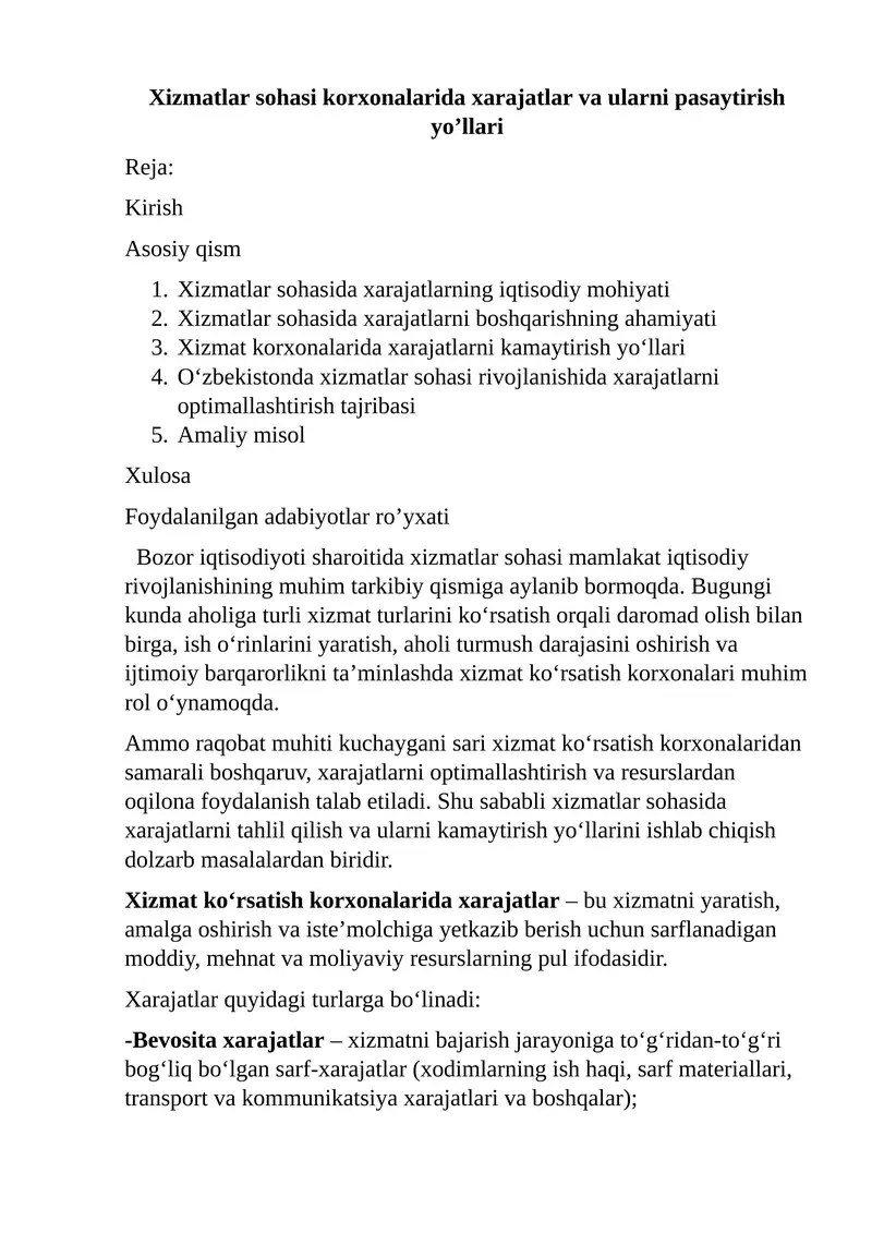 Xizmatlar sohasi korxonalarida xarajatlar va ularni pasaytirish yo’llari