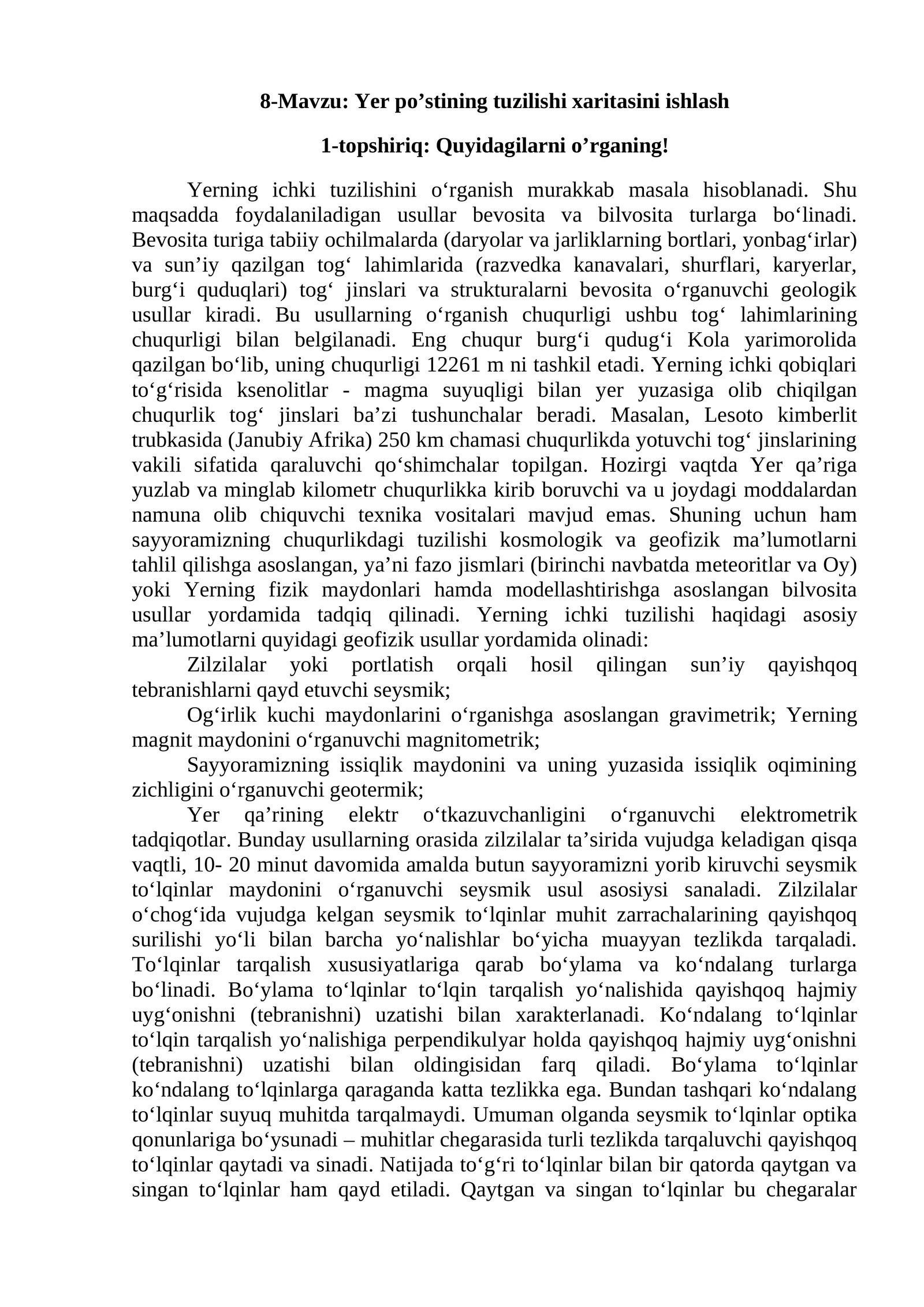 Yer po’stining tuzilishi xaritasini ishlash
