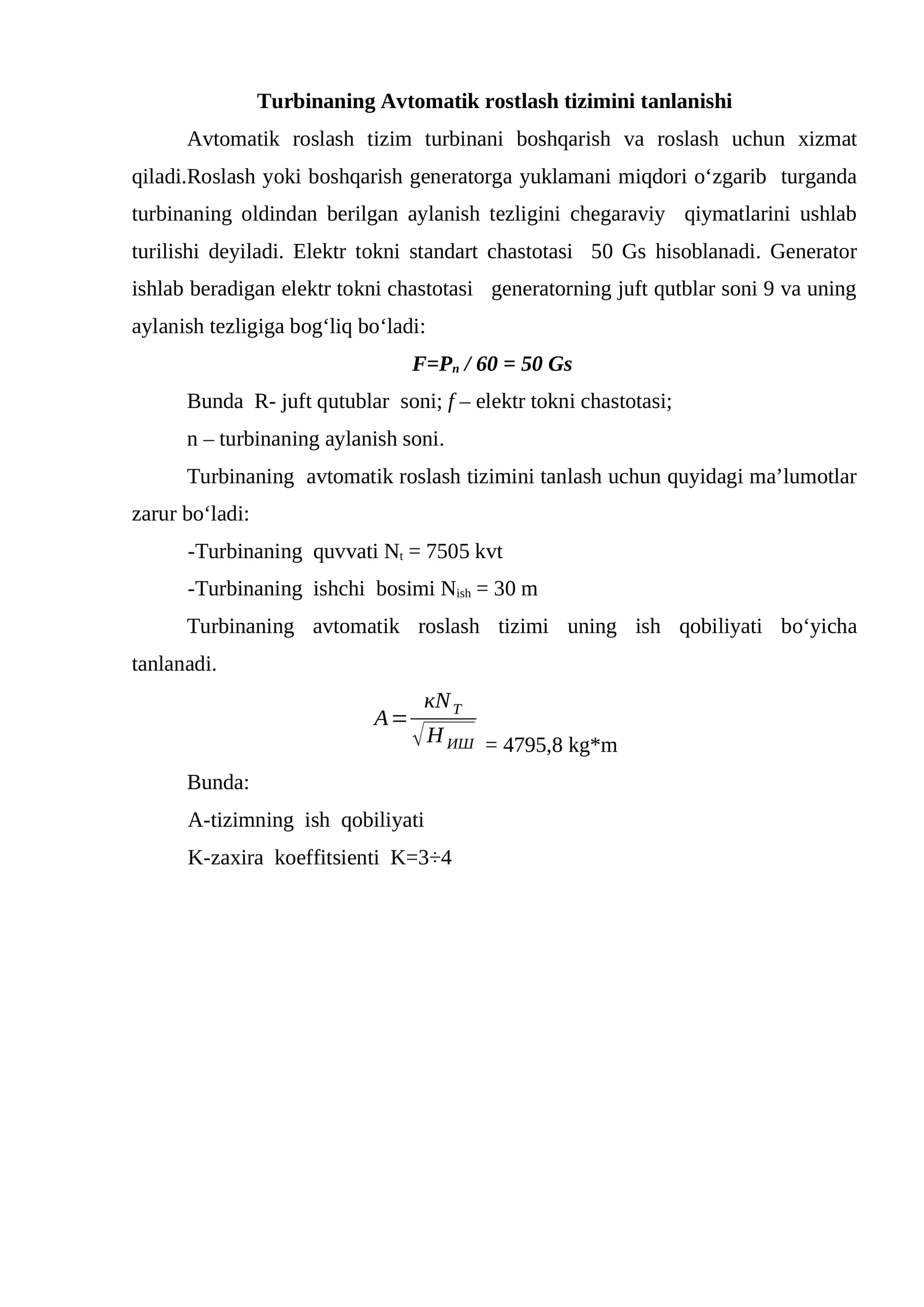 Turbinaning Avtomatik rostlash tizimini tanlanishi