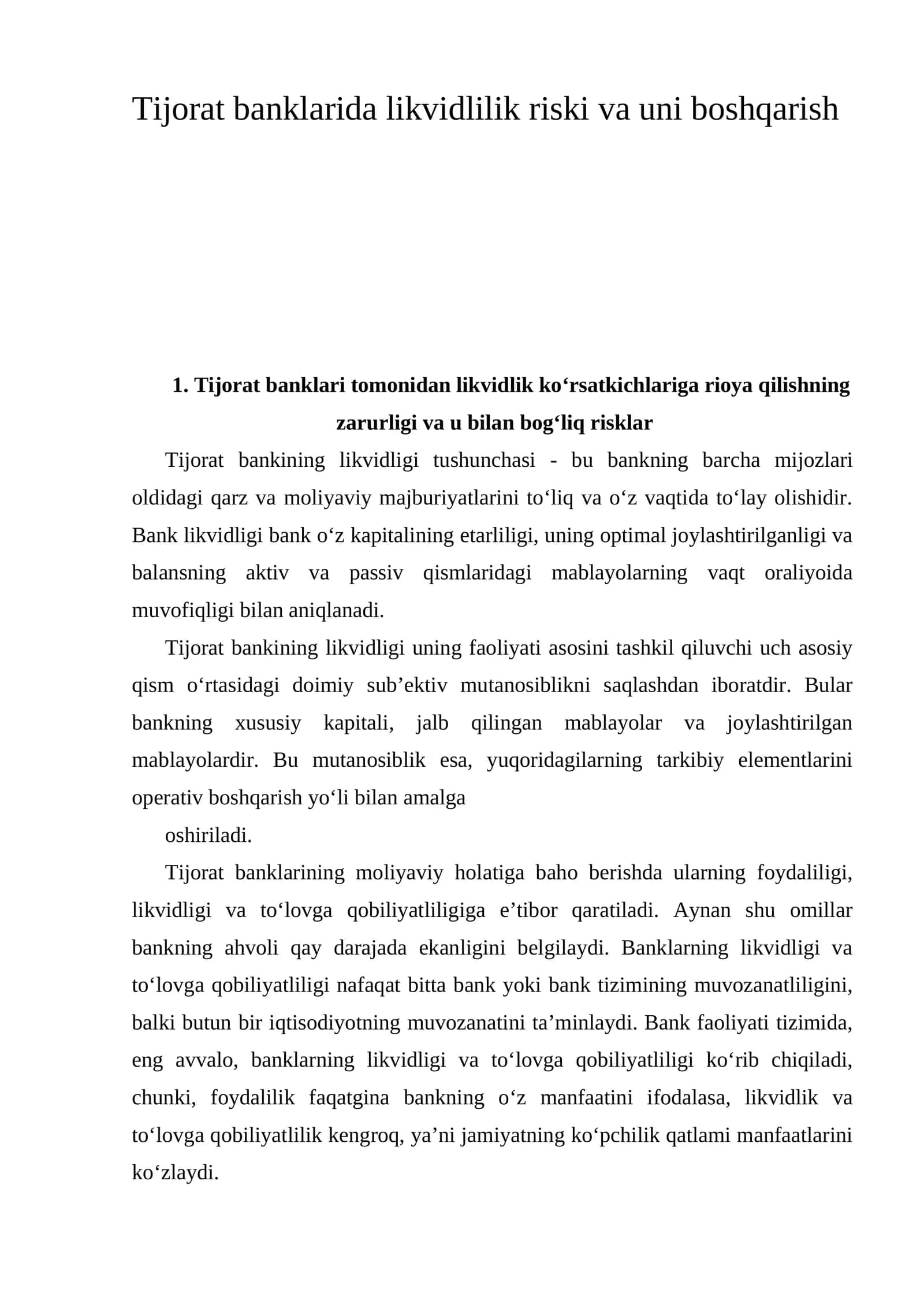 Tijorat banklarida likvidlilik riski va uni boshqarish