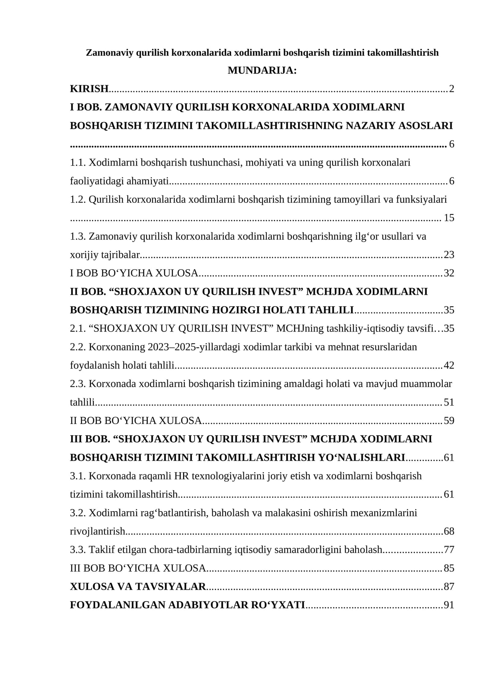 Zamonaviy qurilish korxonalarida xodimlarni boshqarish tizimini takomillashtirish