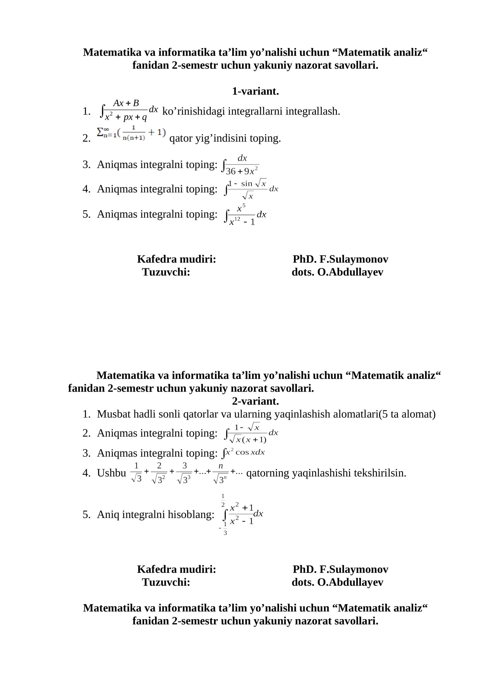Matematik analiz fanidan 2-semestr uchun yakuniy nazorat savollari