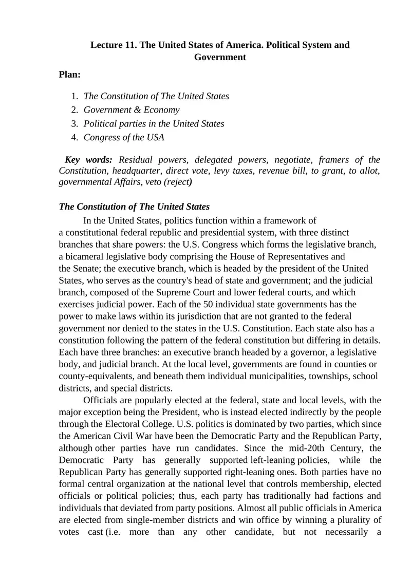 The United States of America. Political System and Government