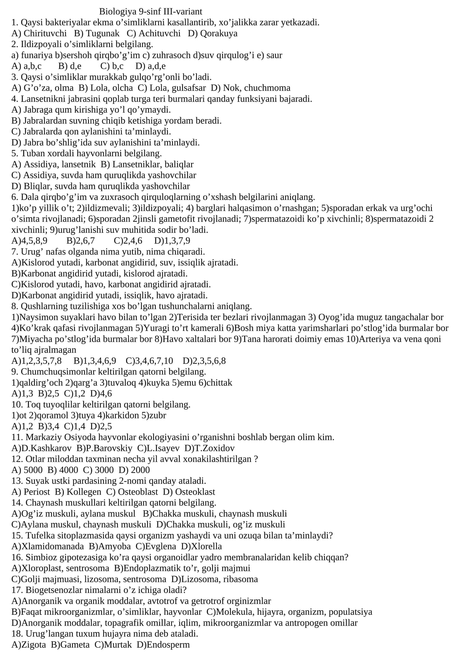 Biologiya 9-sinf III-variant