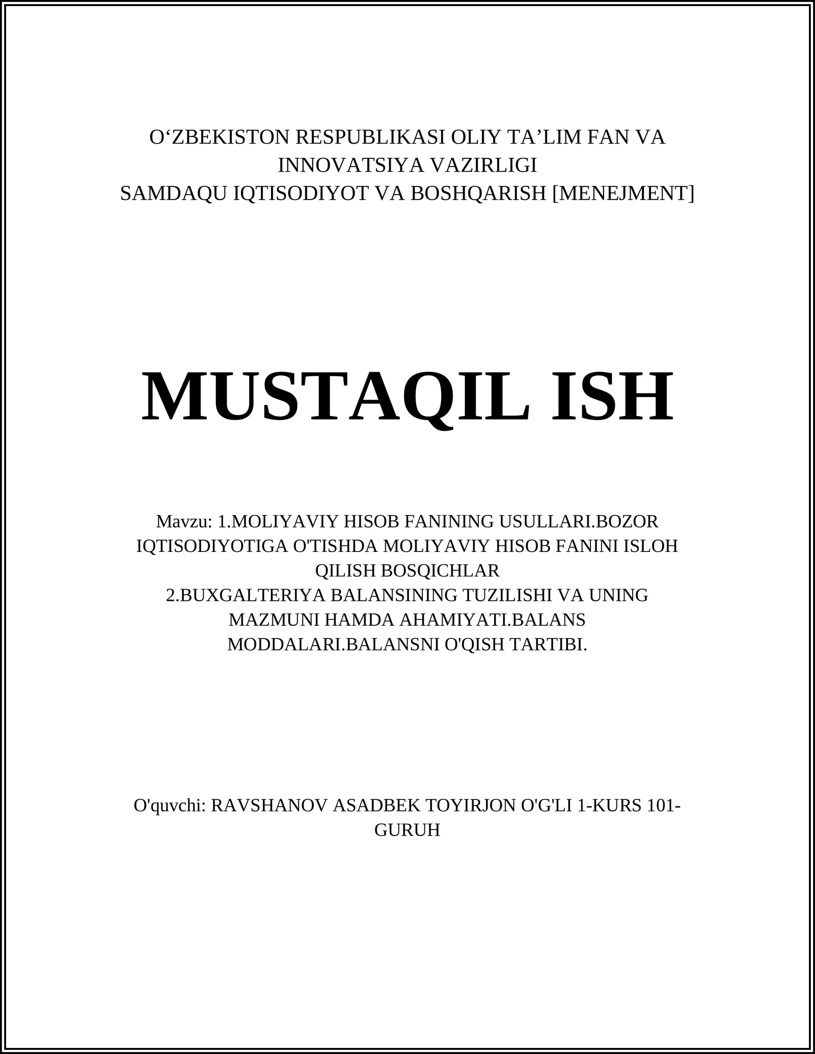 Buxgalteriya balansi (Moliyaviy holat hissoboti)
