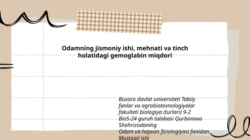 Odam va hayvon fiziologiyasi fanidan Mustaqil ish