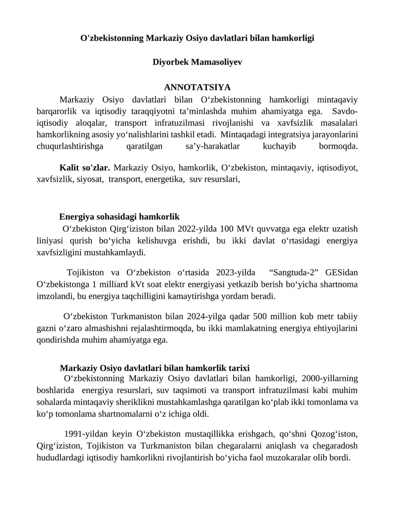 Markaziy Osiyo davlatlari bilan hamkorligi