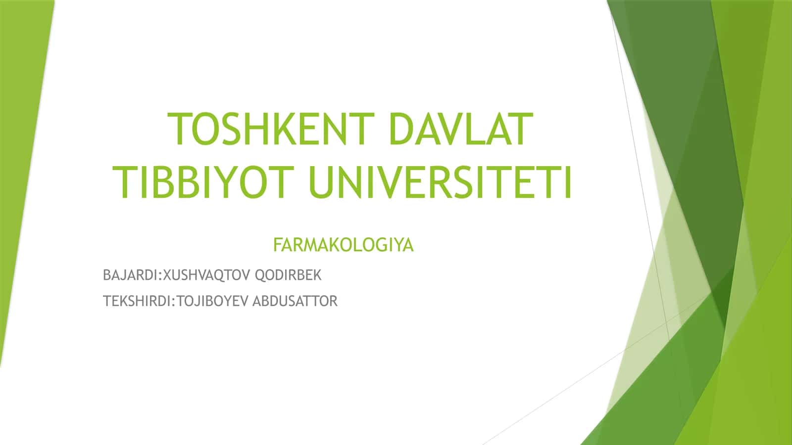 TOSHKENT DAVLAT TIBBIYOT UNIVERSITETI FARMAKOLOGIYA
